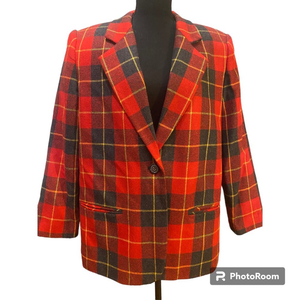 Sag Harbor Petite Women's Vintage 80s Red Plaid Wool Blend Blazer‎ sz 14P